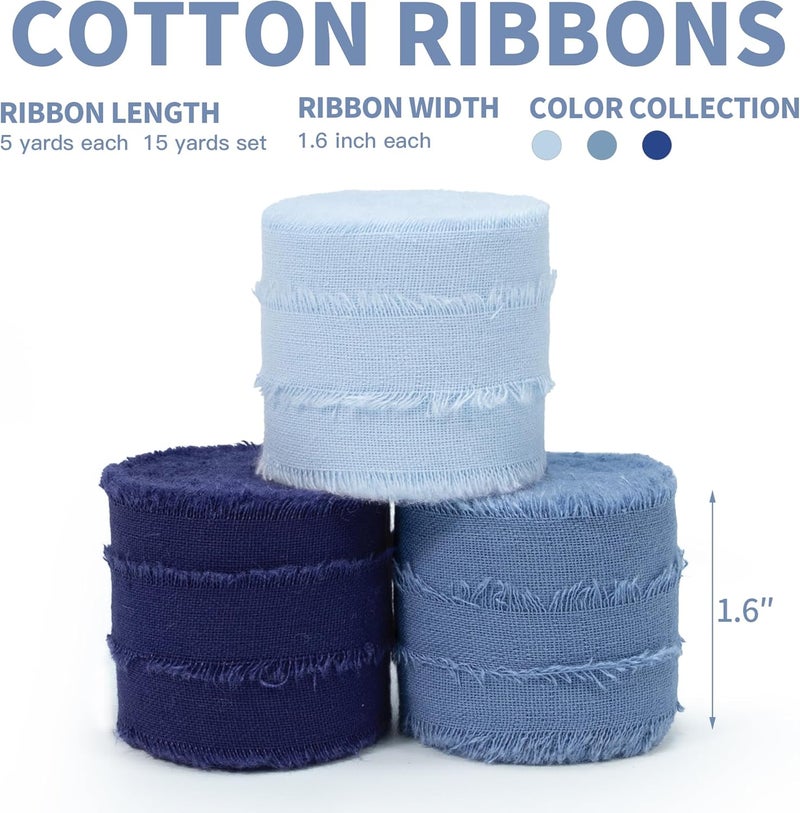Keypan Blue Ribbon 1-1/2 Inch x 15 Yards Handmade Cotton Frayed Fringe Fabric Ribbons for Crafts Flower Bouquets Wedding Baby Shower Home DIY Decor - Image 2